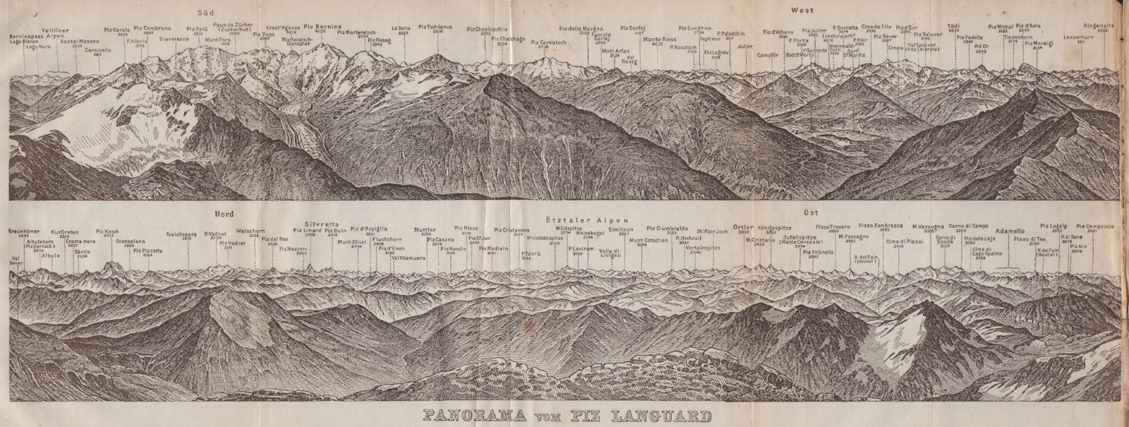 PIZ LANGUARD PANORAMA. Bernina Roseg Monte Rosa Mont Blanc Cristallo 1913 map